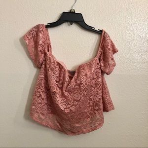Mauve off shoulder lace crop top